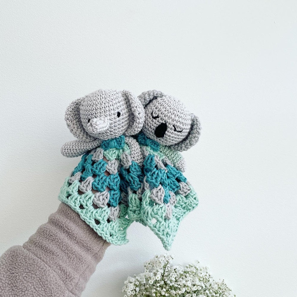 Crocheted soft toy with sleeping cloth (various characters)