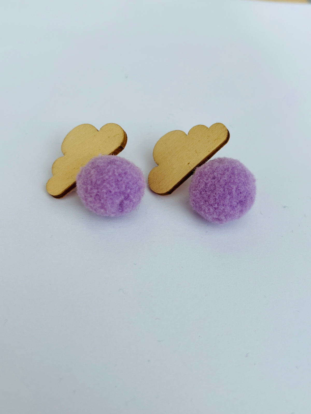 Snow clouds, plywood pompom earrings (various colors)