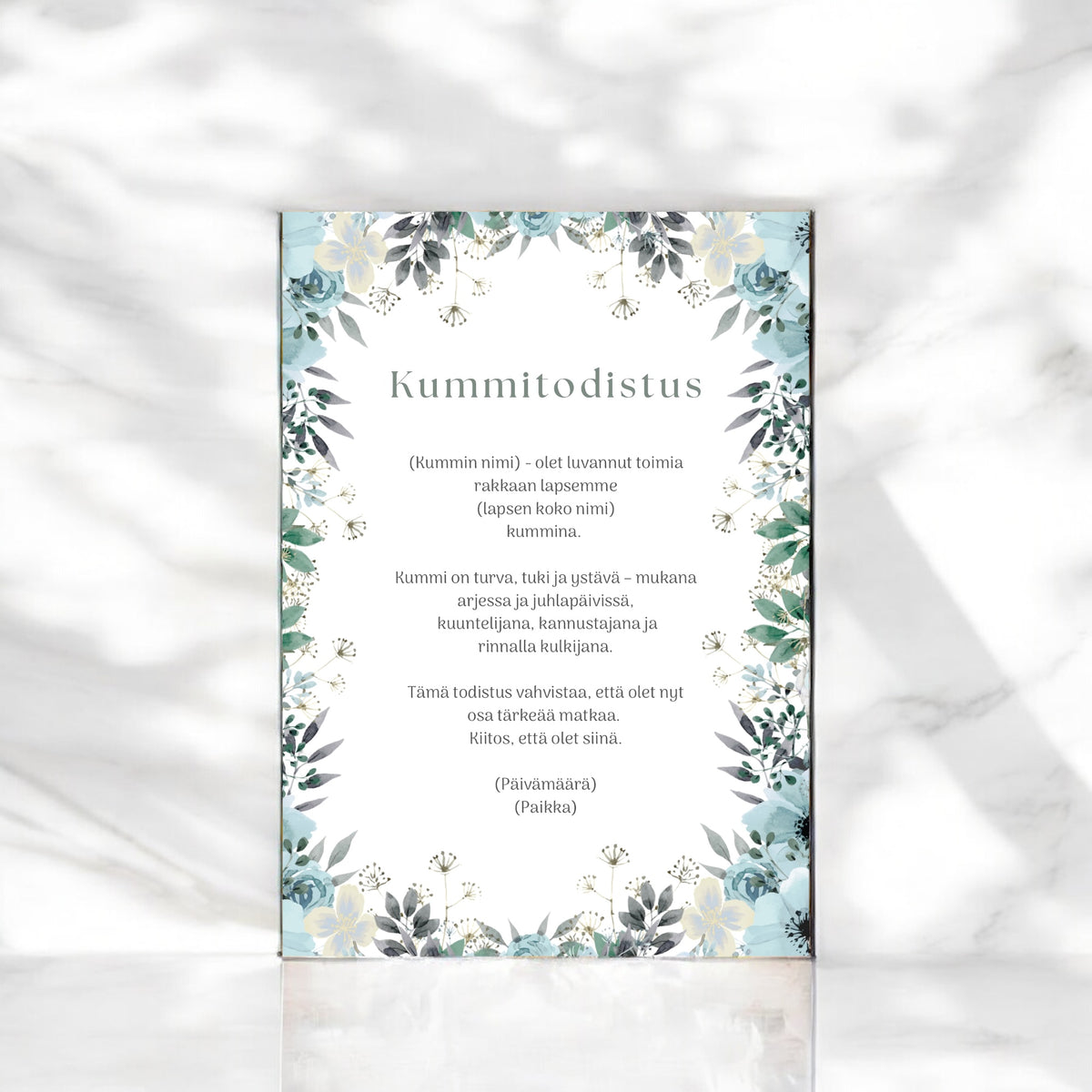 Tulostettava / digitaalinen Kummitodistus, kustomoitu kummitodistus (eri värejä)
