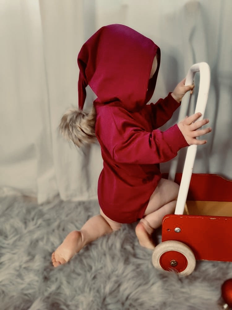 Earthy Elf Romper, a combination of an elf cap and bodysuit (various sizes and colors)