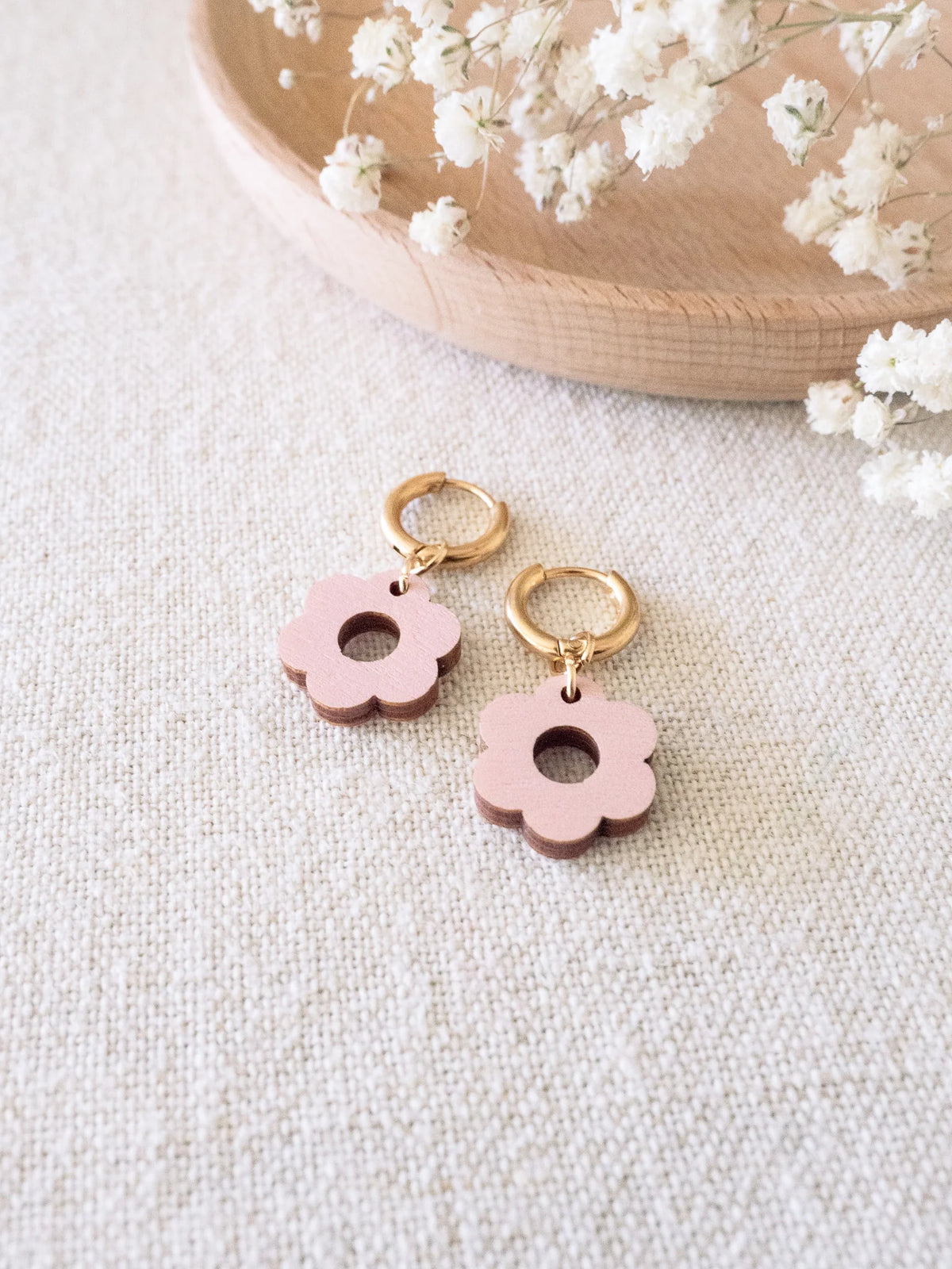 Malla earrings, plywood flower earrings (various colors)