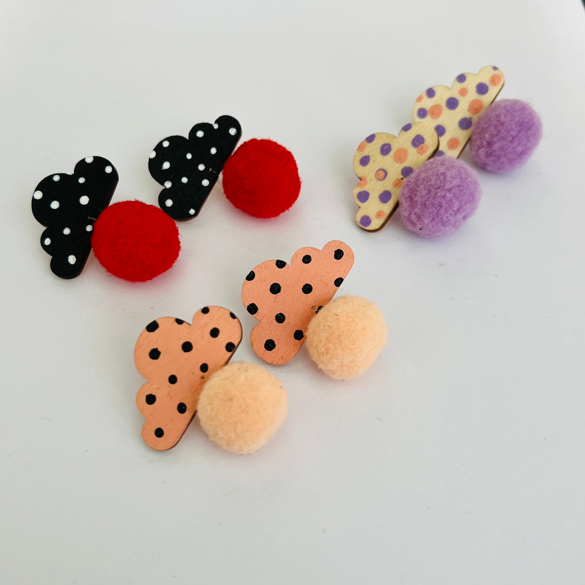 Snow clouds, plywood pompom earrings (various colors)