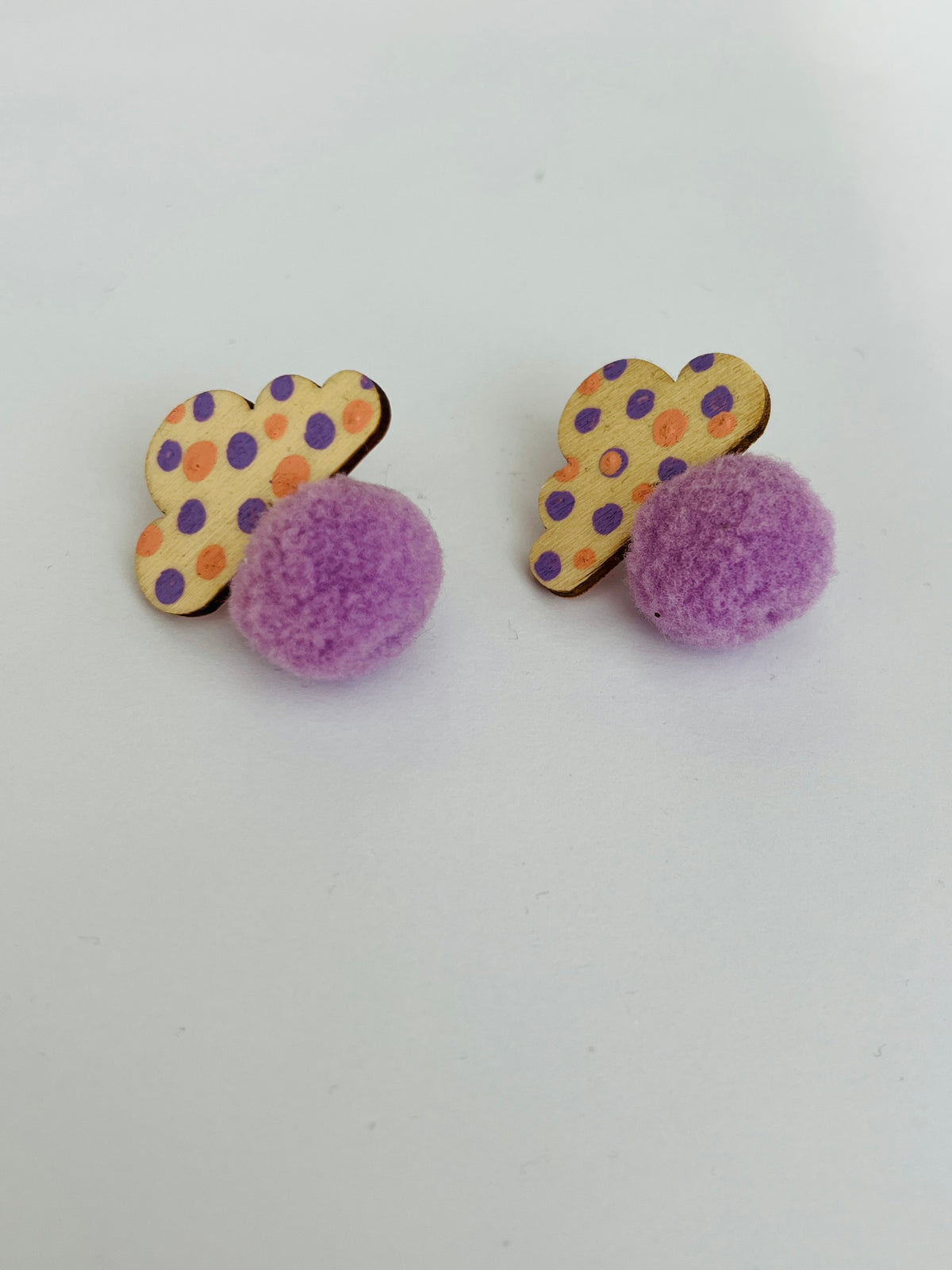 Snow clouds, plywood pompom earrings (various colors)