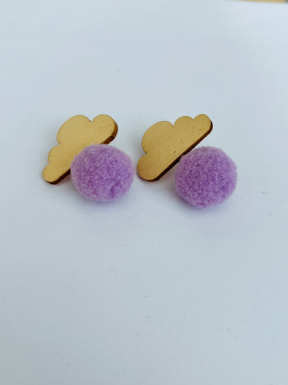 Snow clouds, plywood pompom earrings (various colors)