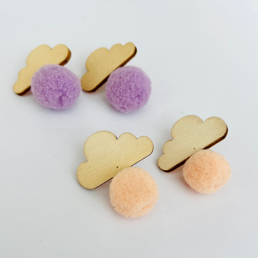 Snow clouds, plywood pompom earrings (various colors)