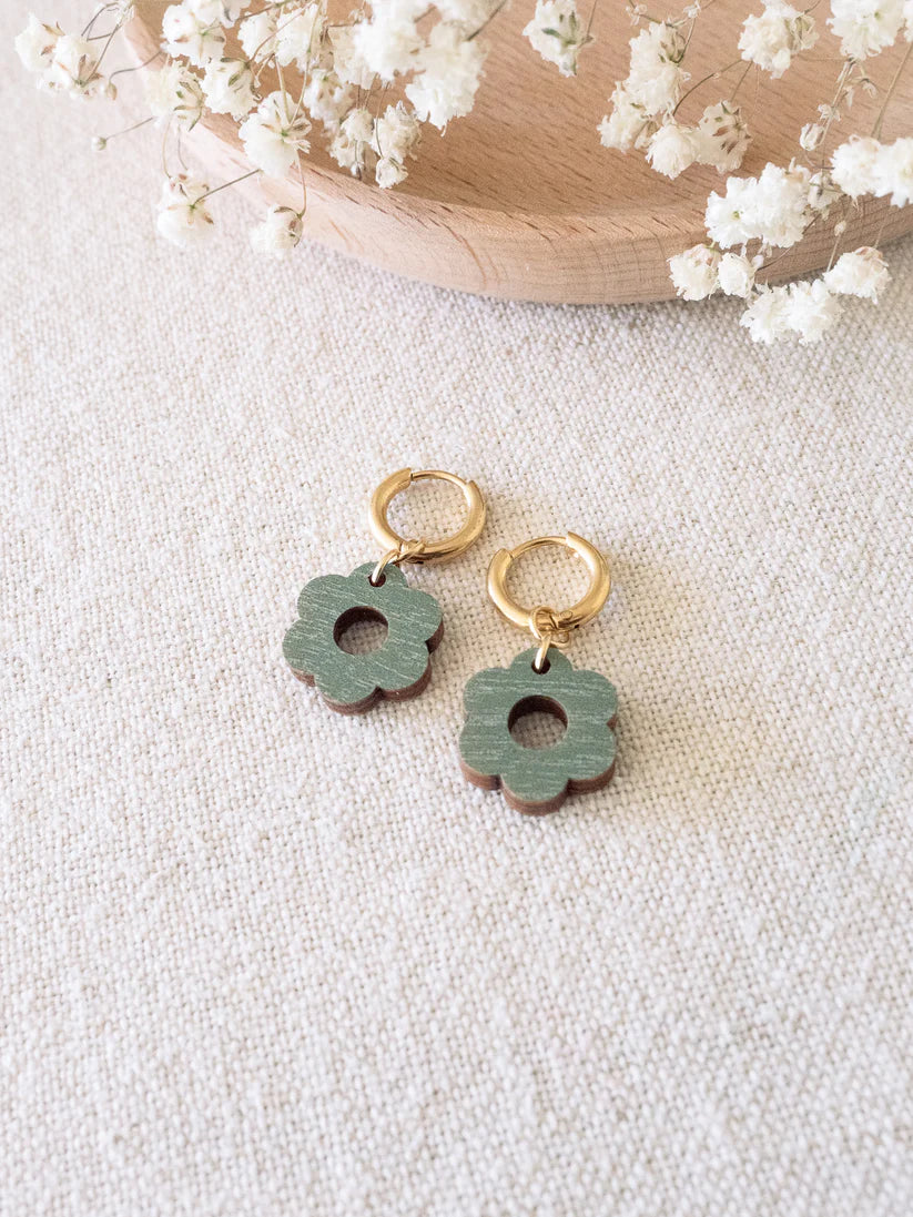 Malla earrings, plywood flower earrings (various colors)