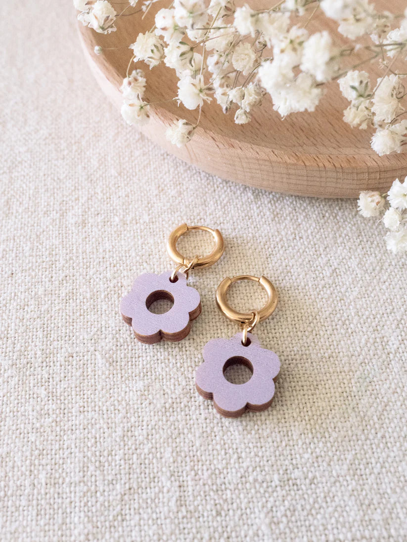 Malla earrings, plywood flower earrings (various colors)