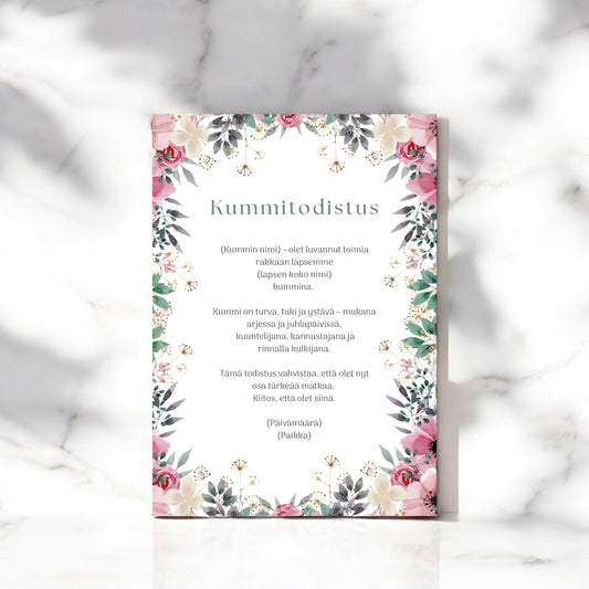 Tulostettava / digitaalinen Kummitodistus, kustomoitu kummitodistus (eri värejä)