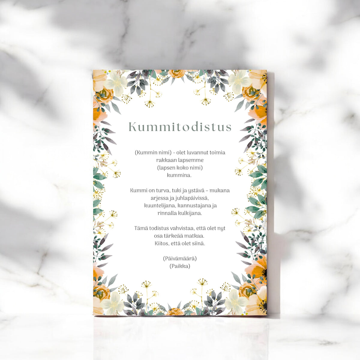 Tulostettava / digitaalinen Kummitodistus, kustomoitu kummitodistus (eri värejä)