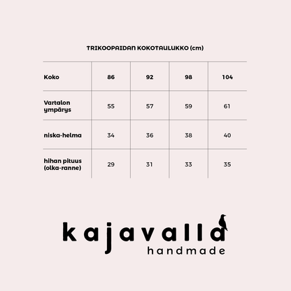 Kajavalla trikoopaidan kokotaulukko